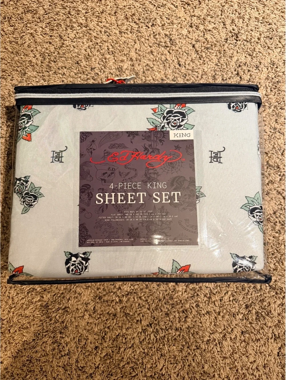 Ed Hardy King 4 Piece Sheet Set White Black Rose Tattoo NWT